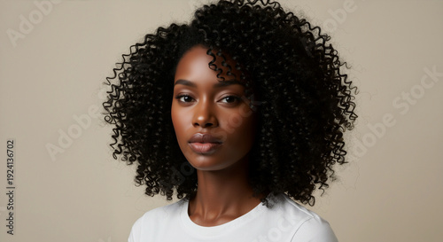 Portrait of a young Black woman with natural curly hair. African female model with healthy dark skin and afro hairstyle