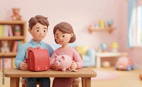 クレイアニメ風の教育資金の準備を相談する夫婦とランドセルのイラスト（学資保険・子育て・貯金）