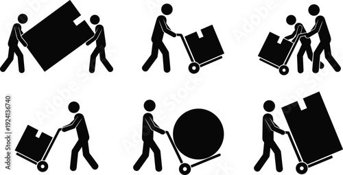 Worker moving box silhouette collection featuring people carrying pushing and transporting heavy cargo isolated vector illustration set