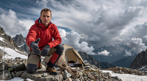 Male mountain climber reaching out a helping hand. Hiker in red jacket kneeling by tent on snowy peak. Rescue and teamwork concept in extreme alpine environment