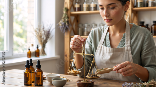 Herbalist woman weighing dried herbs on a brass scale. Natural medicine and aromatherapy preparation