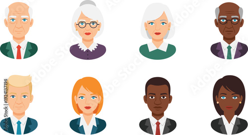 Flat Vector Icon Set Featuring Diverse Professional Avatars and Senior Characters in Business Attire for Corporate Identity, Social Media, and User Profiles
