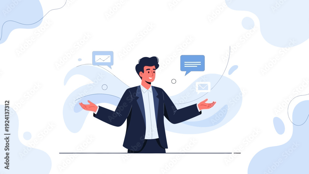 Fototapeta premium Businessman Communicating Ideas with Speech Bubbles and Email Icon