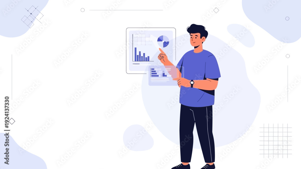 Obraz premium Man pointing at data charts on a screen, business analytics and strategy concept