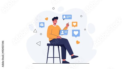 Man using laptop with social media notifications and icons flying around him