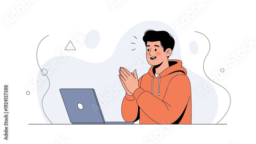 Young man enthusiastically clapping hands in front of laptop, online success, celebration