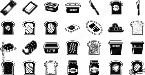 Bread Toast and Butter Icon Set Featuring Sliced Loaf, Sandwiches, Spreads, and Breakfast Food Symbols for Bakery Menus and Vector Illustration Design