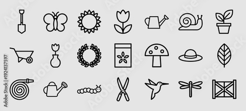 Spring gardening and landscaping monoline elements for outdoor maintenance. Professional chunky outline icons featuring horticultural tools and backyard biodiversity.