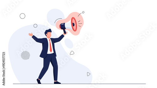 Businessman Holding Megaphone Announcing News with Abstract Shapes Background