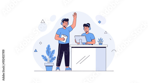 Customer service team greeting, support agents with headsets, helpful assistance