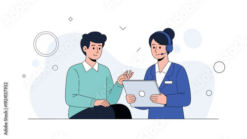 Customer service interaction: man talking to agent with headset and tablet