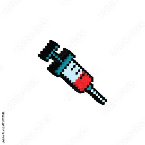 3D isometric pixel art syringe injection 8 bit vector icon for computer game