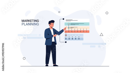 Man presenting marketing planning strategy on a digital screen, business concept