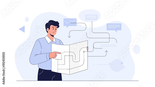 Man analyzing strategy, planning business solutions with maze diagram