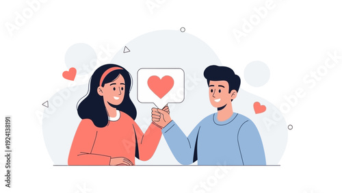 Couple in love holding hands with heart icon in speech bubble, vector illustration