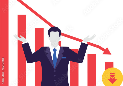 Businessman Character Standing Before Declining Red Bar Chart and Downward Arrow Symbolizing Financial Loss, Economic Recession, Stock Market Crash, and Business Failure
