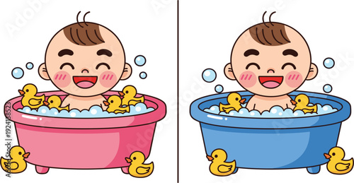 Cute Baby Bathing Cartoon Vector Illustration with Happy Infant in Bathtub and Rubber Ducks for Kids Hygiene, Parenting, and Child Care Design