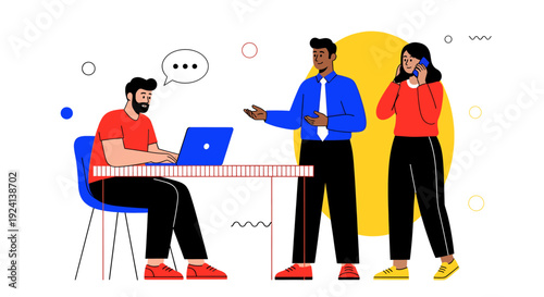 A team of three people collaborating on a project with laptops and discussion.