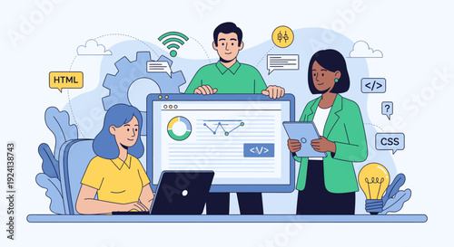 Team collaborating on a project with a large computer screen display.