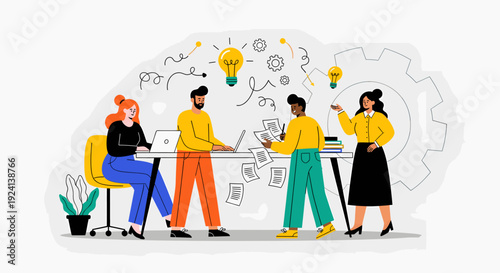 A group of people standing together, surrounded by floating objects and ideas.