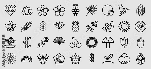 Botanical and nature line art icons for sustainable branding and garden center signage. Minimalist monoline plant symbols and organic elements.