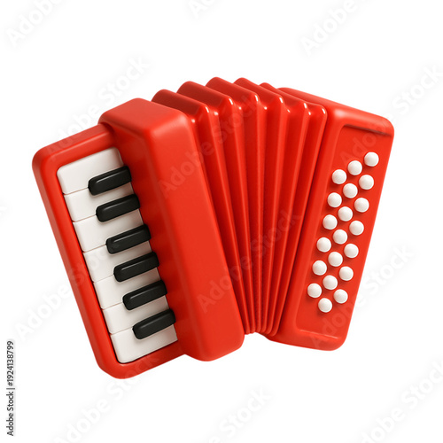 Vibrant Red Accordion Musical Instrument with Keyboard and Buttons, Rendered in 3D and isolated on transparent background for Easy Integration