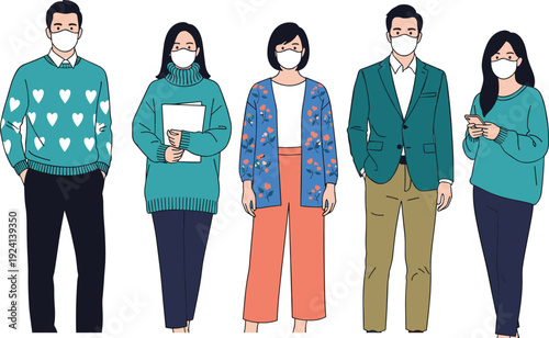 Flat vector illustration set of five diverse young people wearing surgical face masks and stylish casual clothing for healthcare safety and pandemic protection