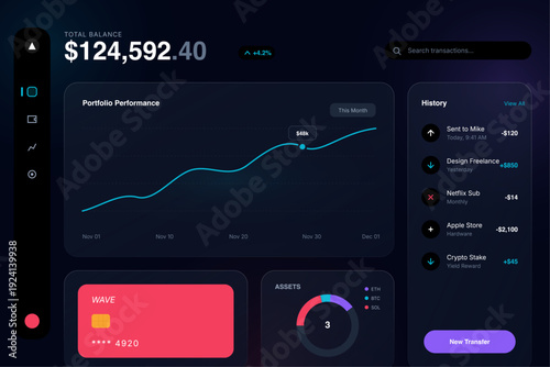 Personal Finance Dashboard with Balance Colorful Spending Donut Chart Transaction Categories and Dark Background Budgeting App UI Vector