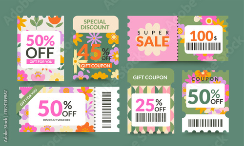 Set of spring discount offer coupons. Gift vouchers,sale tickets template with cutting dashed lines.Shopping savings promotion coupon.Design for web,social media,business promo,online purchases.Vector