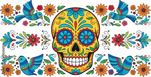 Colorful sugar skull with flowers and birds Day of the Dead decorative vector illustration