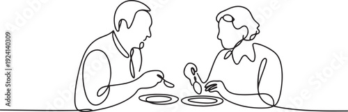 continuous line drawing of parents eating together.one line vector drawing of grandfather and grandmother eating together at the dinner table.