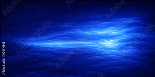 An abstract blue background blending a clear sky with clouds over a deep ocean where sunlight reflects on nature's horizon and summer waves