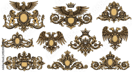 Baroque Heraldic Crests and Ornate Golden Filigree Vector Borders