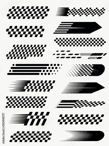 set checkered flag designs, racing stripe speed elements and finish line motorsport vector graphics for car branding vehicle wraps advertising and professional automotive design projects.