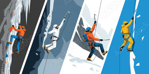 Ice Climbing Extreme Sport Vector Set with Professional Mountaineers Scaling Frozen Cliffs and Glaciers for Winter Adventure, Expedition, and Outdoor Activity Design Projects