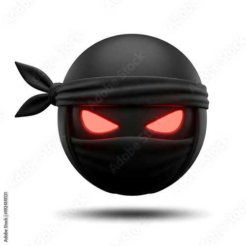 A menacing black ninja emoji character with glowing red eyes peeks out from under a dark fabric mask and headband.