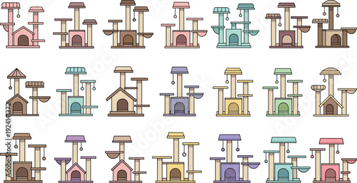 Cat Tree and Scratching Post Icon Set Featuring Multi Level Pet Furniture Towers for Indoor Cats, Play, Rest, and Vector Illustration Design