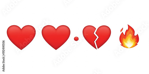 Love and Heartbreak Icon Set with Red Heart, Broken Heart, and Fire Symbol Representing Romance, Passion, Relationship Emotions, and Valentine Concept