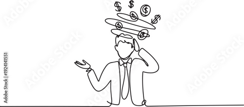 continuous line of dizzy businessman holding head and thinking about money. single line vector illustration. isolated white background