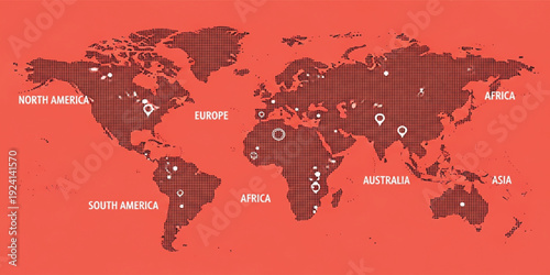 Modern Dotted World Map Vector Illustration with Global Location Pins and Continent Labels for Travel, Business, Navigation, and International Communication Design Projects
