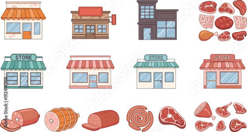 Butcher Shop and Meat Products Illustration Set with Storefront Buildings Sausages Steaks and Deli Cuts Collection for Food Market Design