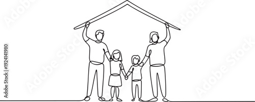 continuous line of family insurance.single line vector of family holding artificial roof.family insurance concep. single line vector illustration. isolated white background