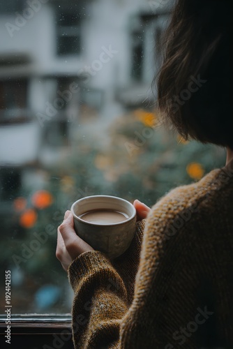 Woman holding a cup of coffee while looking out of a window with a blurred garden view featuring colorful flowers and greenery in the background