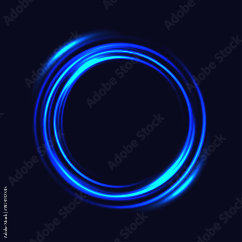 Abstract swirling blue light circles creating a radiant portal effect against a dark textured background, technology concept.
