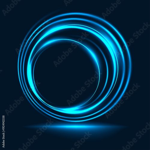 Dynamic luminous blue energy ring with a subtle glow and shadow, abstract futuristic circular motion graphic.