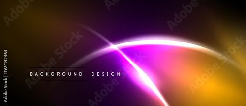 Abstract vibrant design features glowing lines, curves, gradients. Dark background enhances bright colors, creating modern visual impact.