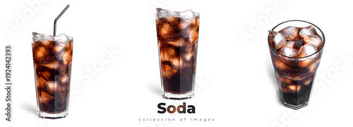 Soda with ice in a transparent glass isolated on a white background. High quality photo