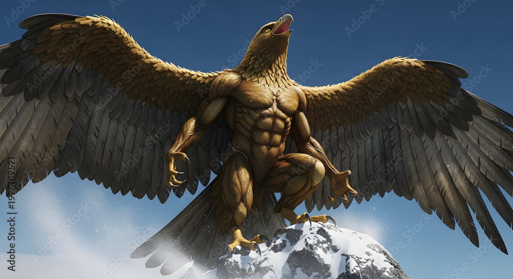 Fototapeta premium Majestic eagle with muscular physique standing on snowy mountain peak