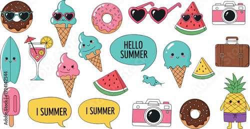 Cute summer stickers set with ice cream watermelon donut and hello summer lettering