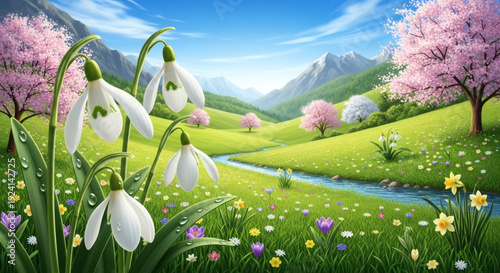 Snowdrops in Sunny Spring Valley with Blossoming Trees and Scenic River for Spring Equinox Day Celebrations, Nature Blogs, and Seasonal Greetings